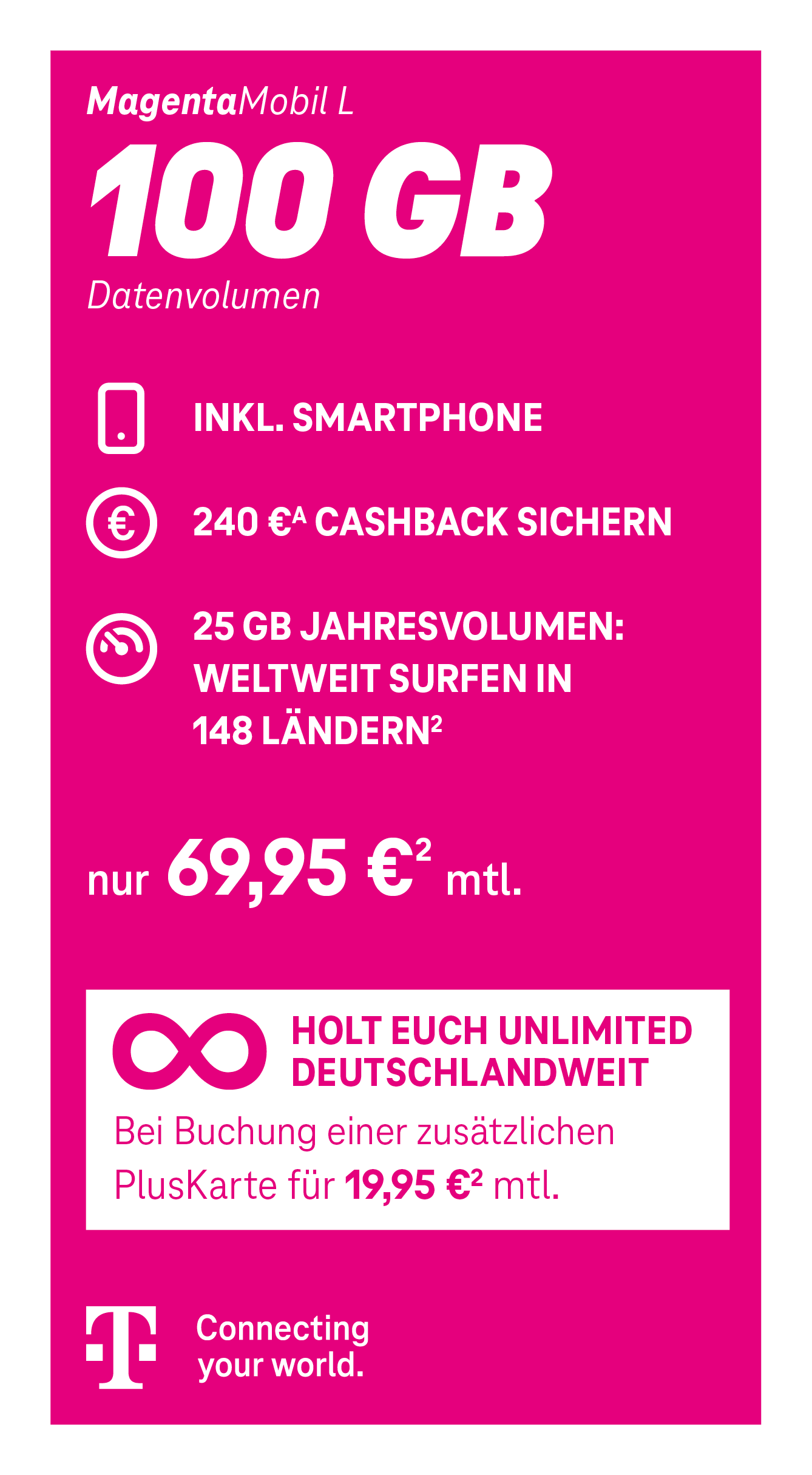 „Tarif MagentaMobil L: 100 GB Highspeed-Daten mit 5G, Flatrate für Telefonie & SMS, EU-Roaming inklusive, 69,95 € im Monat.