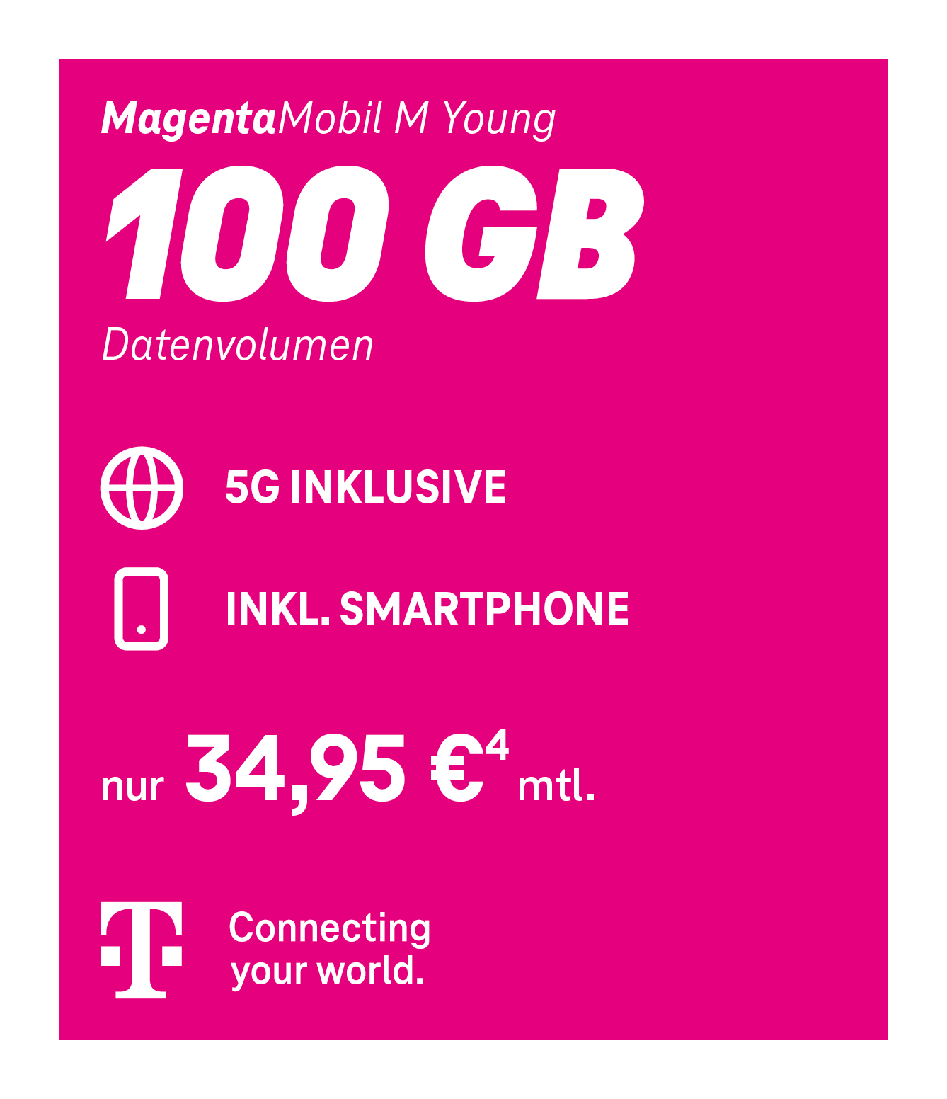 Angebotsgrafik für MagentaMobile M Young ab 34,95 Euro monatlich mit Datenvolumen und 5G.