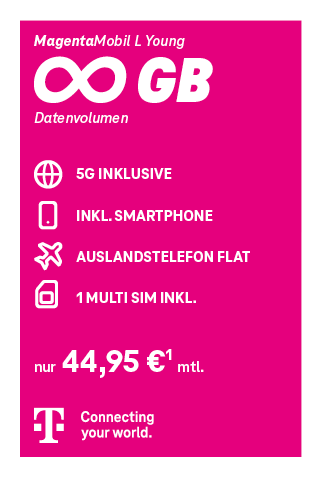 Telekom MagentaMobil L Young Tarif mit unendlich GB Datenvolumen, 5G inklusive, Smartphone inklusive, Auslands-Telefon-Flat und 1 Multi-SIM für 44,95 € monatlich – Telekom Mobilfunk Angebot.