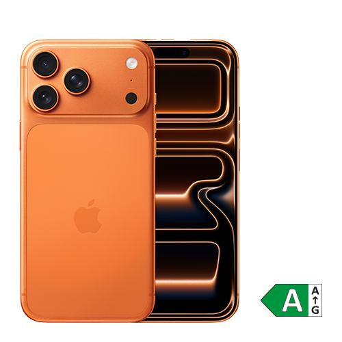 Orangefarbenes Smartphone mit Apple-Logo, dargestellt von Vorder- und Rückseite. Auf der Rückseite sind drei Kameralinsen sichtbar. Rechts unten befindet sich ein Energieeffizienzlabel mit der Einstufung A.