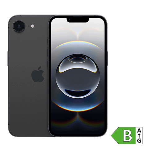 Abgebildet ist ein schwarzes Apple iPhone. Links ist die Rückseite mit einer einzelnen Kamera und LED-Blitz zu sehen, rechts die Vorderseite mit einem Display, auf dem eine stilisierte Lichtreflexion dargestellt ist. Unten rechts im Bild befindet sich ein grünes Energieeffizienzlabel mit der Klasse „B“.