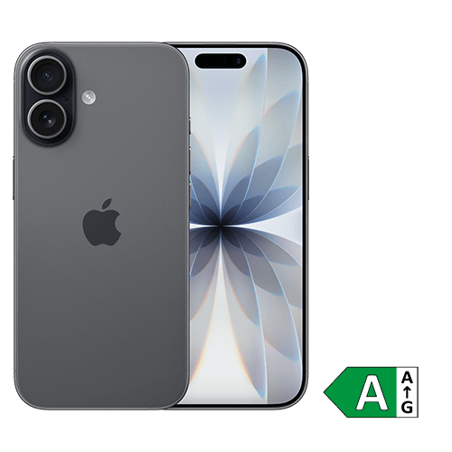 Smartphone der Marke Apple in grauer Farbe, dargestellt mit Vorder- und Rückseite. Auf der Rückseite ist das Apple-Logo und eine Dual-Kamera zu sehen, auf der Vorderseite ein eingeschaltetes Display mit abstraktem Muster. Rechts unten befindet sich ein Energieeffizienz-Label der Klasse A.