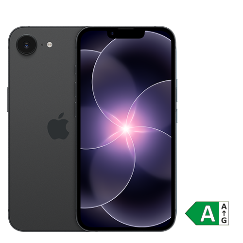 Abbildung des Smartphones Apple iPhone 17e in schwarz mit Vorder- und Rückseite sichtbar. EU-Energielabel mit Effizienzklasse A eingeblendet.