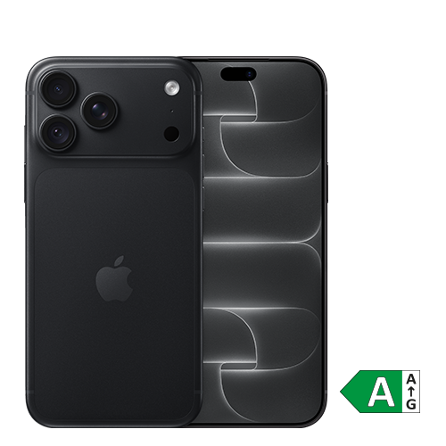 Schwarzes Smartphone mit Apple-Logo, dargestellt von Vorder- und Rückseite. Auf der Rückseite sind drei Kameralinsen sichtbar. Rechts unten befindet sich ein Energieeffizienzlabel mit der Einstufung A.