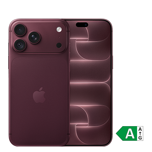 Burgunderfarbenes Smartphone mit Apple-Logo, dargestellt von Vorder- und Rückseite. Auf der Rückseite sind drei Kameralinsen sichtbar. Rechts unten befindet sich ein Energieeffizienzlabel mit der Einstufung A.