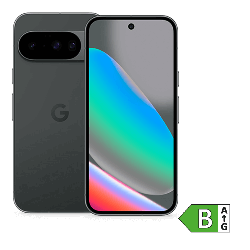 Smartphone von Google in Schwarz, Vorder- und Rückseite sichtbar. Auf dem Display ist ein farbiges Hintergrundbild mit Blau-, Grün- und Rottönen zu sehen. Auf der Rückseite befinden sich zwei Kameras in einem horizontalen Kameramodul. Das Gerät trägt das Energieeffizienzlabel B.