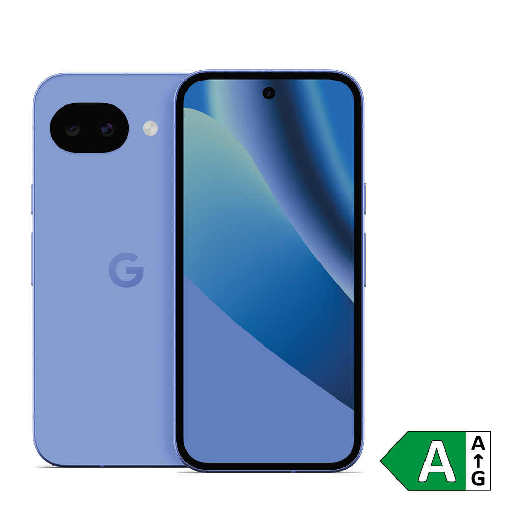 Google-Smartphone mit Vorder- und Rückansicht; EU-Energielabel mit Effizienzklasse A eingeblendet.