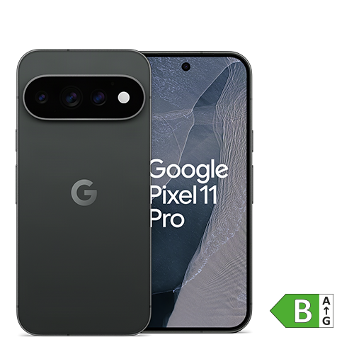 Google Pixel 11 Pro Smartphone in schwarzer Farbe, dargestellt von Vorder- und Rückseite. Auf dem Display ist ‚Google Pixel 11 Pro‘ zu sehen. Unten rechts befindet sich das Energieeffizienzlabel der Klasse B.