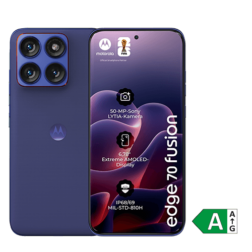 Motorola Edge 70 Fusion in der Farbe blau, Vorder- und Rückseite sichtbar.