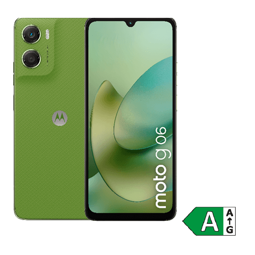 Motorola moto g06 in Grün mit Dual-Kamera, Waterdrop-Notch-Display und Energieeffizienzklasse A.