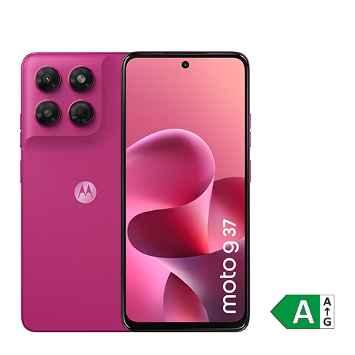 Produktabbildung des pinken Motorola moto g37 Smartphones mit Rück- und Vorderansicht. Auf dem Display ist ein abstraktes pink-rotes Hintergrundbild zu sehen. In der rechten unteren Ecke befindet sich das Energieeffizienzlabel der Klasse A.