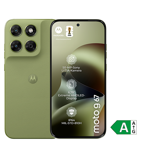 Motorola moto g67 in der Farbe grün, Vorder- und Rückseite sichtbar. EU-Energielabel mit Effizienzklasse A eingeblendet.
