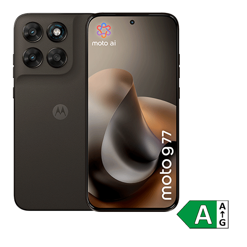 Motorola moto g77 Smartphone in der Farbe braun, Vorder- und Rückseite sichtbar.