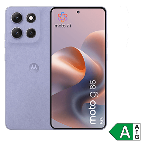 Motorola moto g86 Smartphone in der Farbe lila, Vorder- und Rückseite sichtbar.
