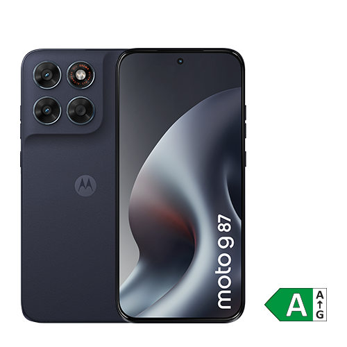 Motorola moto g87 Smartphone in dunkelblau mit vier Kameralinsen auf der Rückseite und großem Display. Daneben ist das Energieeffizienzlabel mit der Effizienzklasse A abgebildet