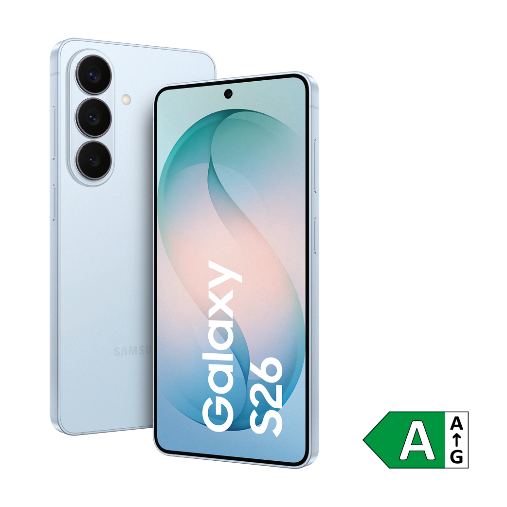 Abbildung des Smartphones Samsung Galaxy S26 Ultra in Hellblau mit Vorder- und Rückseite. EU-Energielabel mit Effizienzklasse A eingeblendet.