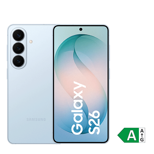 Abbildung des Smartphones Samsung Galaxy S26 in Blau mit Vorder- und Rückseite sichtbar. EU-Energielabel mit Effizienzklasse A eingeblendet.
