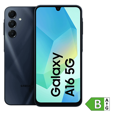 Schwarzes Samsung Galaxy A16 5G, Vorder- und Rückseite mit Display, Triple-Kamera und Energieeffizienzsymbol B.