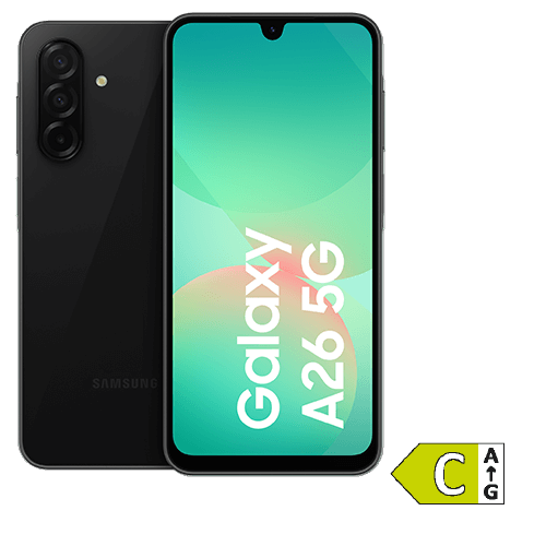 Vorder- und Rückansicht des Samsung Galaxy A26. Das Energielabel mit Effizienzklasse C ist unten rechts im Bild sichtbar