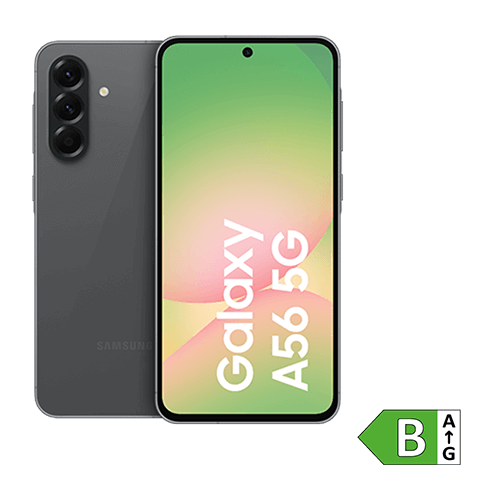 Zu sehen ist ein schwarzes Samsung Galaxy A56 5G. Links ist die Rückseite mit drei vertikal angeordneten Kameras dargestellt. Rechts daneben ist die Vorderseite mit einem farbigen Display, auf dem in weißer Schrift „Galaxy A56 5G“ steht. Unten rechts im Bild befindet sich ein grünes Energieeffizienzlabel mit der Klasse „B“.