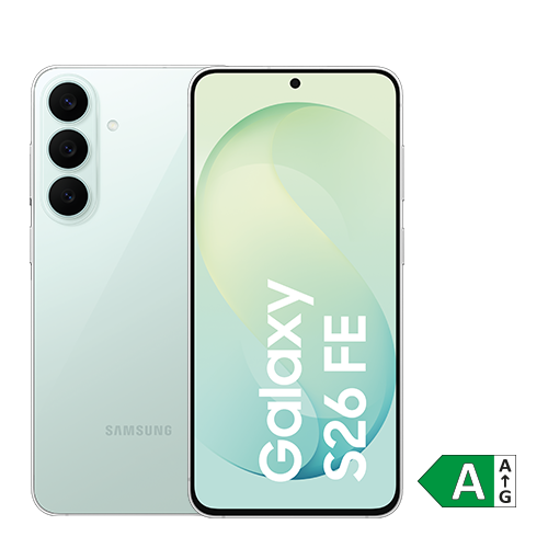 Samsung Galaxy S26e in mintgrüner Farbe, dargestellt von Vorder- und Rückseite. Auf dem Display steht ‚Galaxy S26e‘. Das Smartphone verfügt auf der Rückseite über drei Kameras. Unten rechts ist ein Energieeffizienzlabel der Klasse A abgebildet.