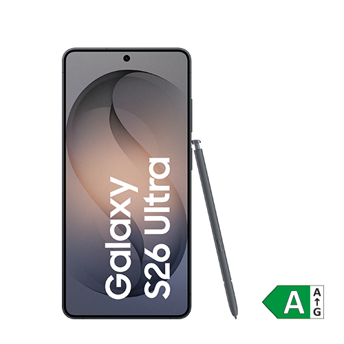 Abbildung des Smartphones Samsung Galaxy S26 Ultra in Schwarz mit Vorderseite sichtbar. EU-Energielabel mit Effizienzklasse A eingeblendet.