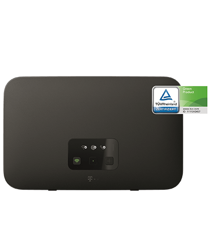 Schwarzer Telekom-Router mit zentralem Bedienfeld und Statusleuchten auf der Vorderseite. Rechts oben befindet sich ein TÜV-Zertifizierungssiegel mit dem Hinweis „Green Product“