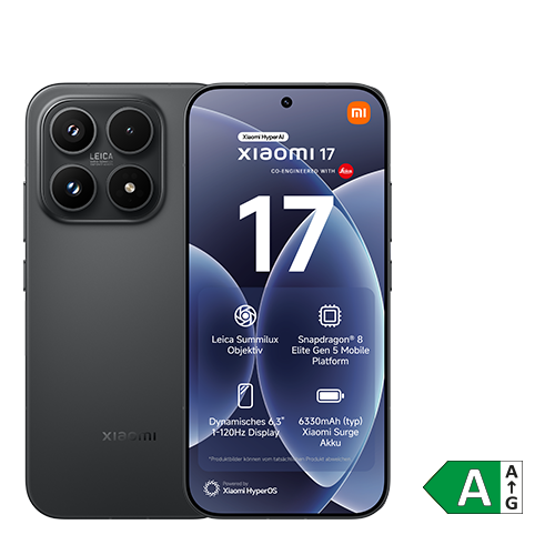 Xiaomi 17 in schwarz, Vorder- und Rückseite sichtbar. EU-Energielabel mit Effizienzklasse A eingeblendet.