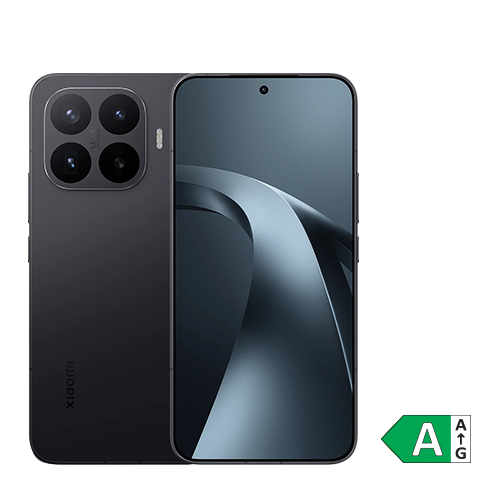 Schwarzes Samsung-Smartphone in Vorder- und Rückansicht. Auf der Rückseite befinden sich vier Kameralinsen und ein LED-Blitz. Das Display zeigt ein graues abstraktes Hintergrundmotiv. Unten rechts ist das Energieeffizienzlabel mit der Klasse A zu sehen.