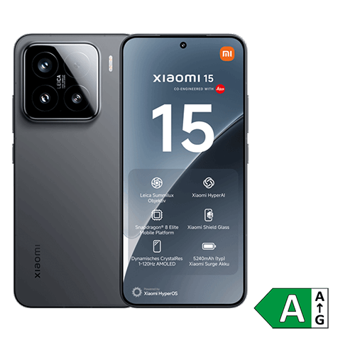 Abbildung des Smartphones Xiaomi 15 in grau mit Vorder- und Rückseite sichtbar. EU-Energielabel mit Effizienzklasse A eingeblendet.