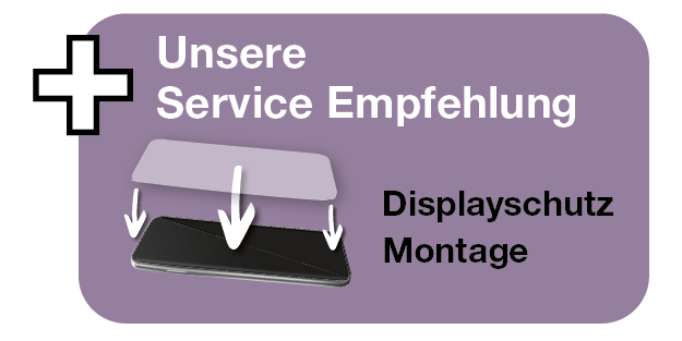 Grafik mit Empfehlung für einen Service: Displayschutz-Montage. Darstellung eines Smartphones, über dem ein Schutzglas angebracht wird. Text: ‚Unsere Service Empfehlung – Displayschutz Montage‘