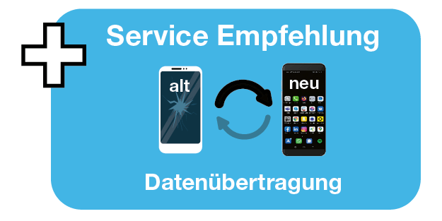 Grafik mit dem Titel Service Empfehlung – Datenübertragung. Sie zeigt ein altes, beschädigtes Smartphone mit der Beschriftung ‚alt‘, daneben ein neues Smartphone mit der Beschriftung ‚neu‘. Zwischen den beiden Geräten befindet sich ein Pfeil, der den Datentransfer vom alten zum neuen Gerät symbolisiert.