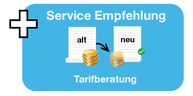 Grafik mit dem Titel Service Empfehlung – Tarifberatung. Sie zeigt zwei Vertragsdokumente, eines mit der Beschriftung ‚alt‘ und eines mit ‚neu‘. Zwischen ihnen befindet sich ein Pfeil, der den Wechsel symbolisiert. Neben den Dokumenten liegen Münzstapel, beim neuen Vertrag etwas kleiner und mit einem grünen Häkchen versehen – als Zeichen für Kosteneinsparung durch eine Tarifberatung.