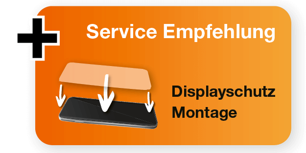 Grafik mit Empfehlung für einen Service: Displayschutz-Montage. Darstellung eines Smartphones, über dem ein Schutzglas angebracht wird. Text: ‚Unsere Service Empfehlung – Displayschutz Montage‘